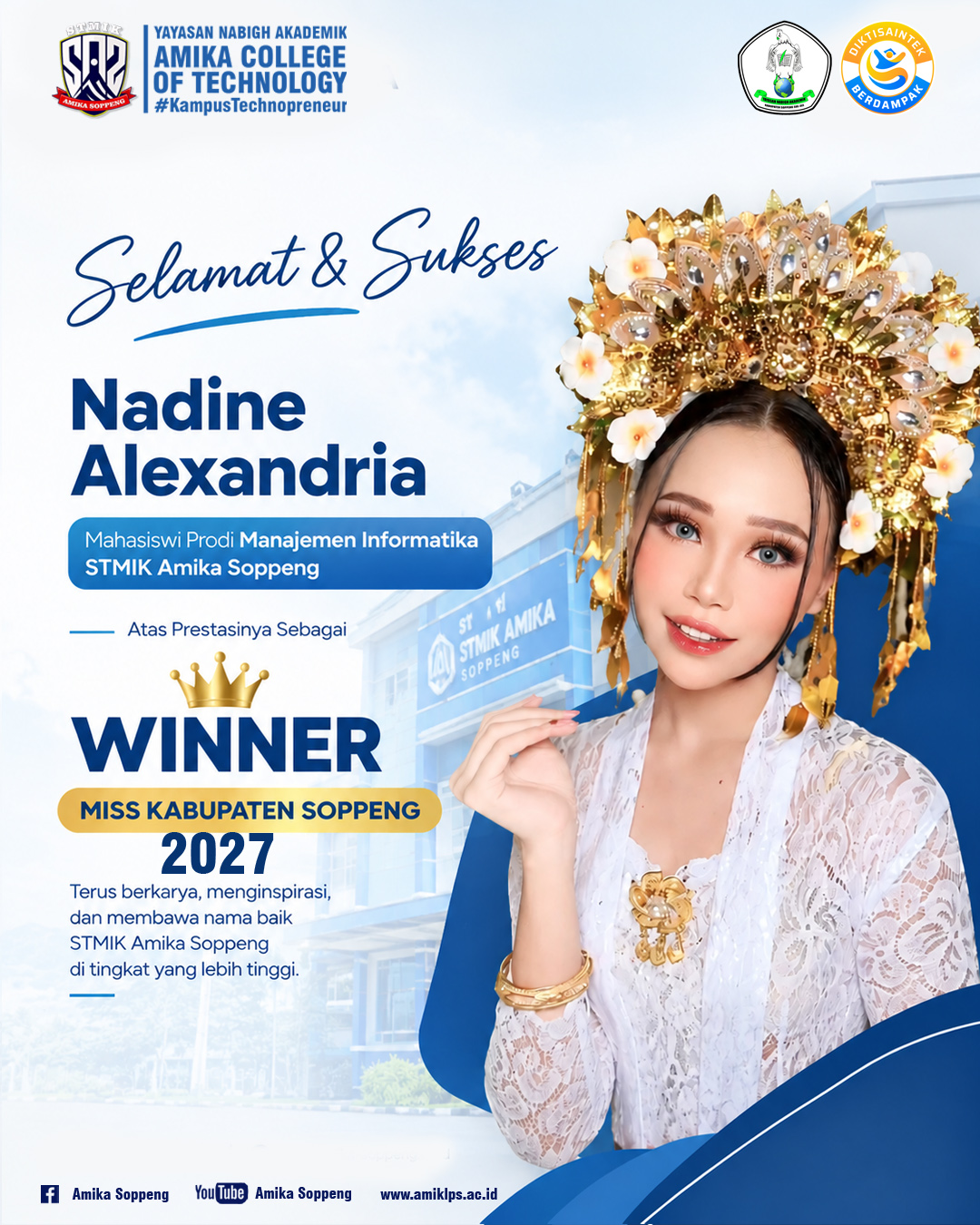 Nadine Alexandria Harumkan Nama STMIK Amika Soppeng di Ajang Miss Kabupaten Soppeng