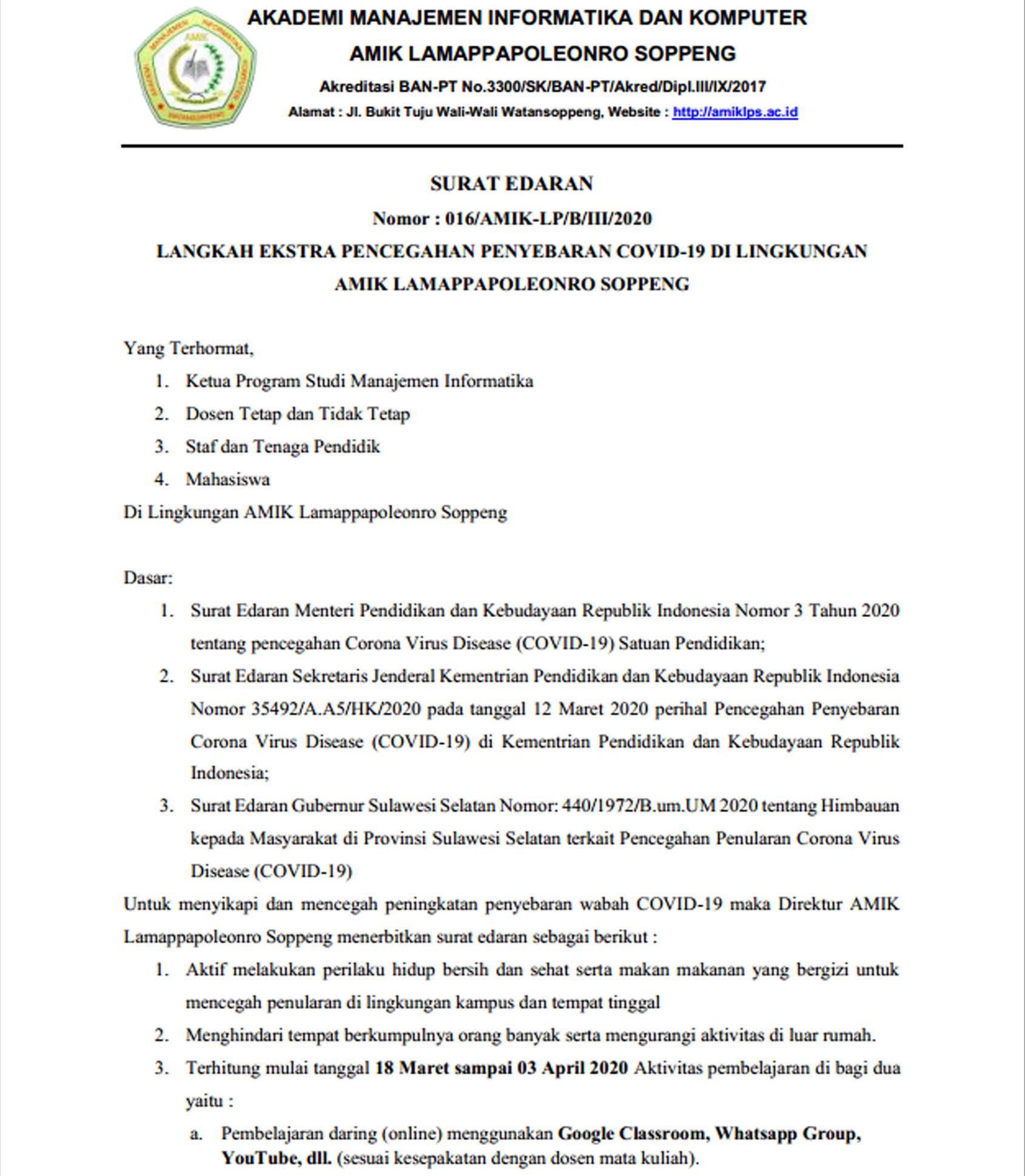 Surat Edaran Kuliah Online Direktur AMIK Lamappapoleonro Soppeng